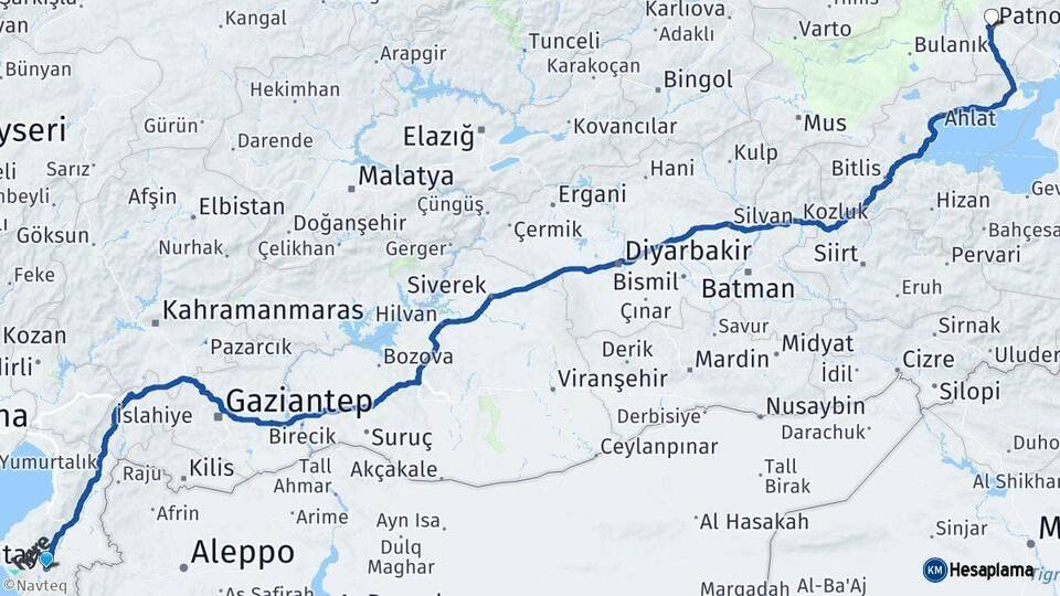 Hatay Patnos Ağrı Arası Kaç Km - Yol Haritası
