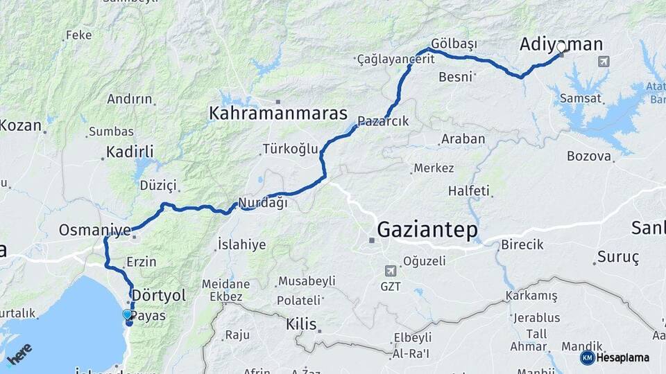 Hatay Payas Adıyaman Arası Kaç Km - Yol Haritası