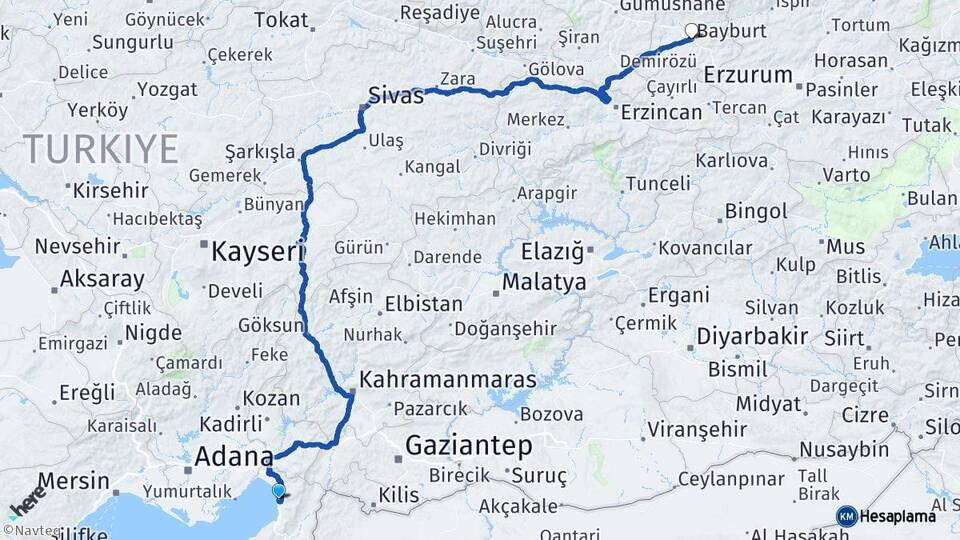 Hatay Payas Bayburt Arası Kaç Km - Yol Haritası