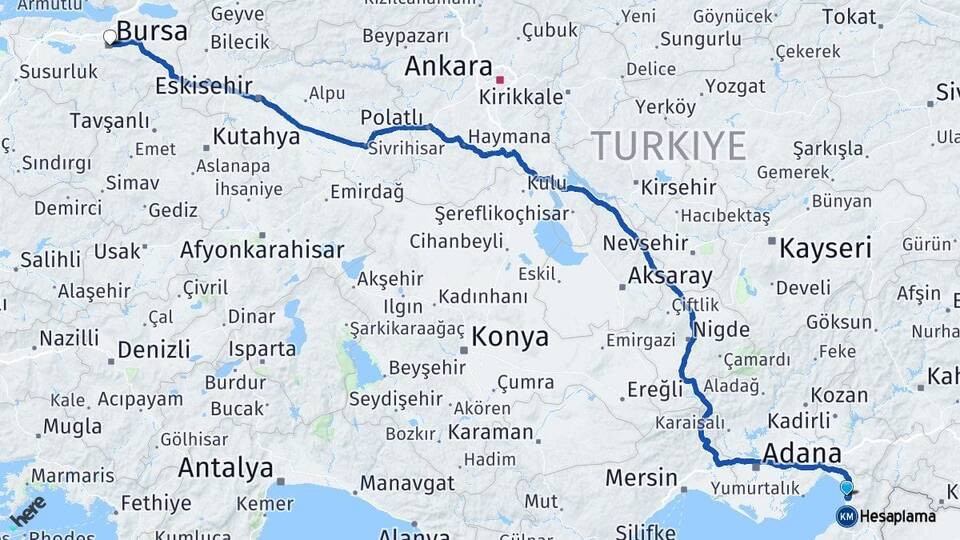 Hatay Payas Bursa Arası Kaç Km - Yol Haritası