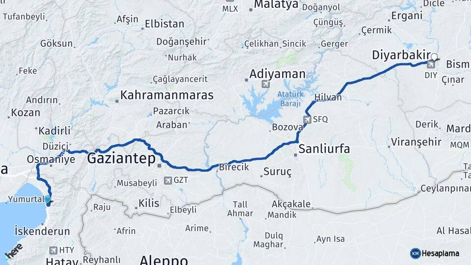 Hatay Payas Diyarbakır Arası Kaç Km - Yol Haritası