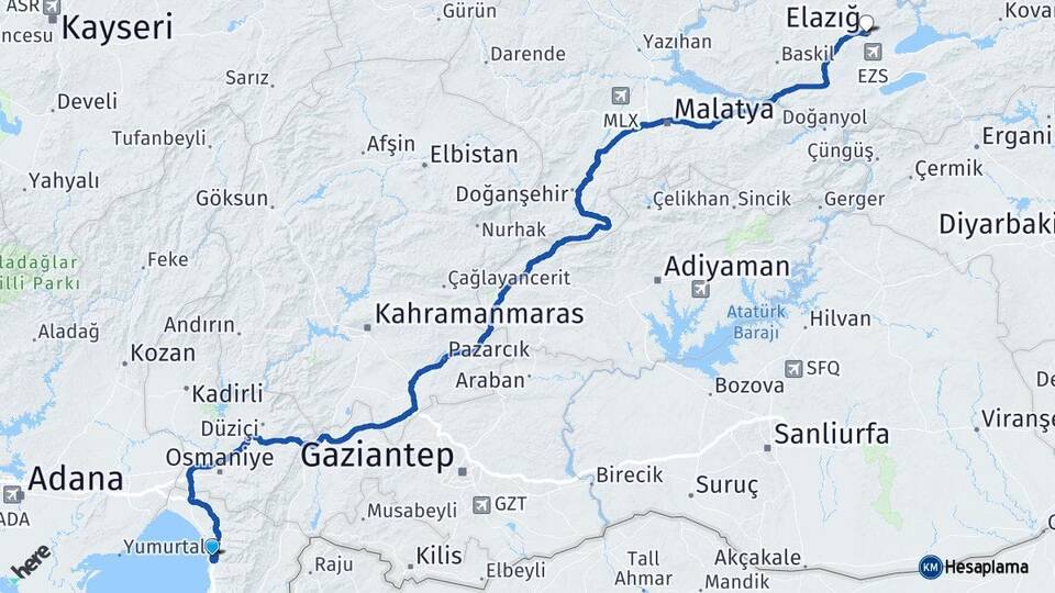 Hatay Payas Elazığ Arası Kaç Km - Yol Haritası