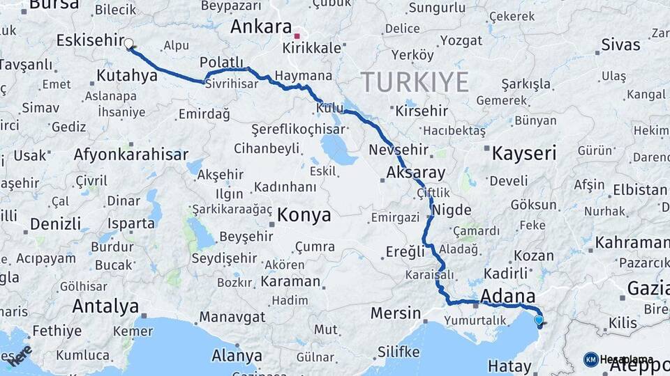 Hatay Payas Eskişehir Arası Kaç Km - Yol Haritası