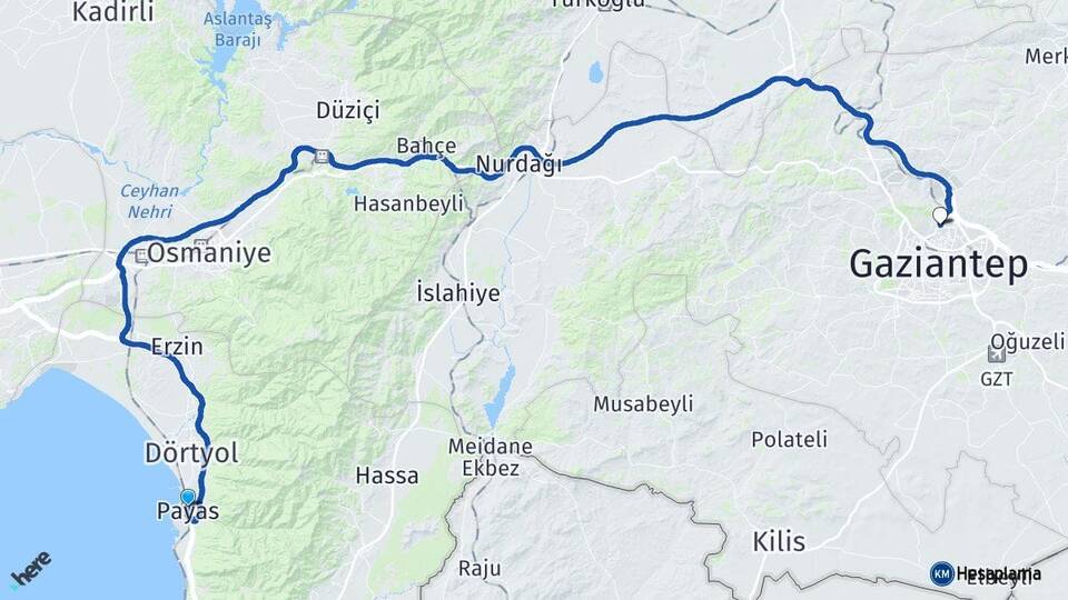 Hatay Payas Gaziantep Arası Kaç Km - Yol Haritası