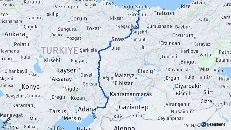 Hatay Payas Giresun Arası Kaç Km - Yol Haritası
