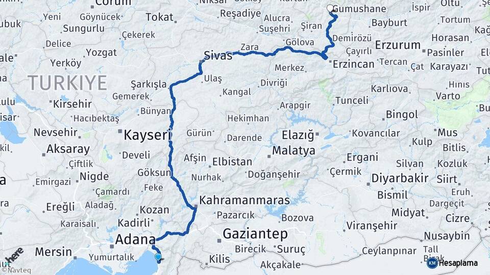 Hatay Payas Gümüşhane Arası Kaç Km - Yol Haritası