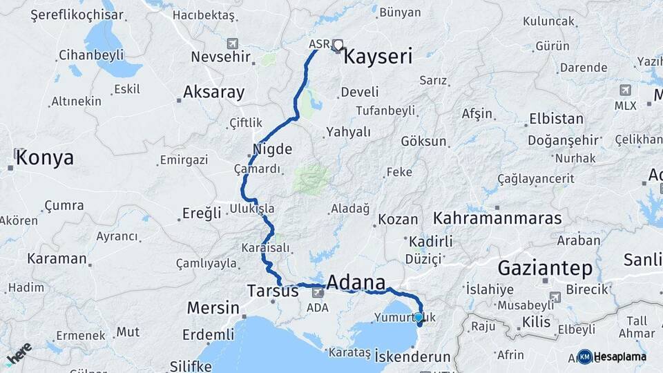 Hatay Payas Kayseri Arası Kaç Km - Yol Haritası