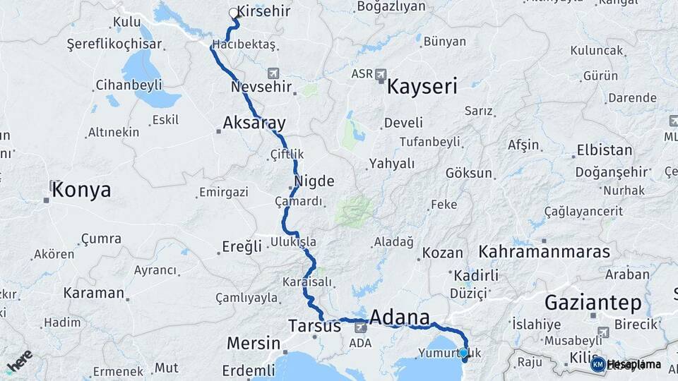 Hatay Payas Kırşehir Arası Kaç Km - Yol Haritası