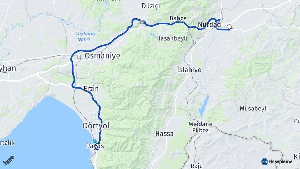 Hatay Payas Kömürler Nurdağı Gaziantep Arası Kaç Km - Yol Haritası