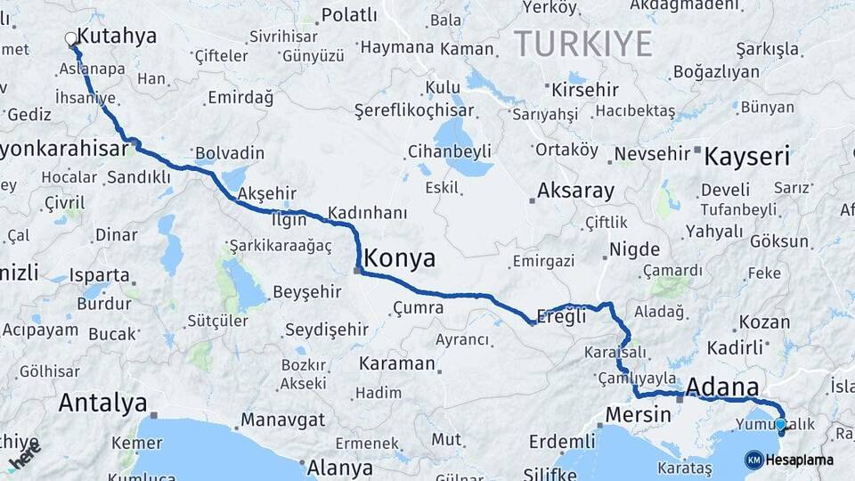 Hatay Payas Kütahya Arası Kaç Km - Yol Haritası