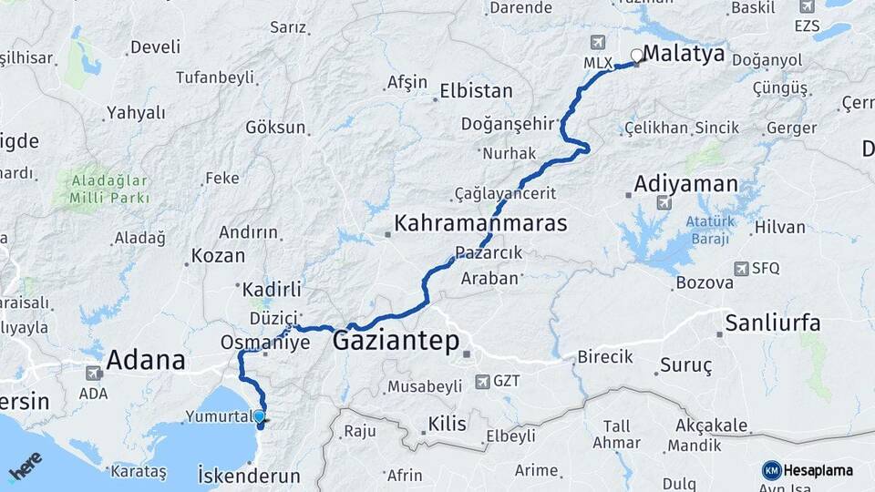 Hatay Payas Malatya Arası Kaç Km - Yol Haritası