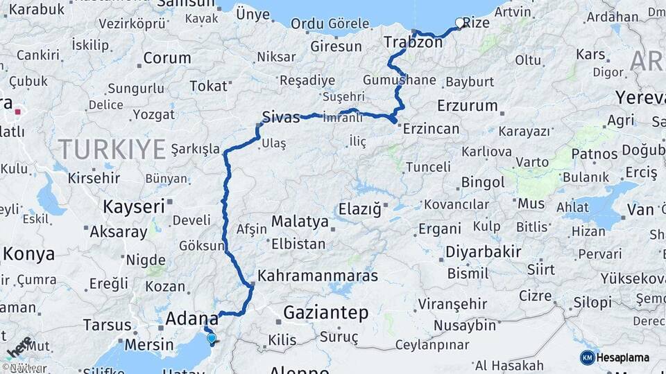 Hatay Payas Rize Arası Kaç Km - Yol Haritası