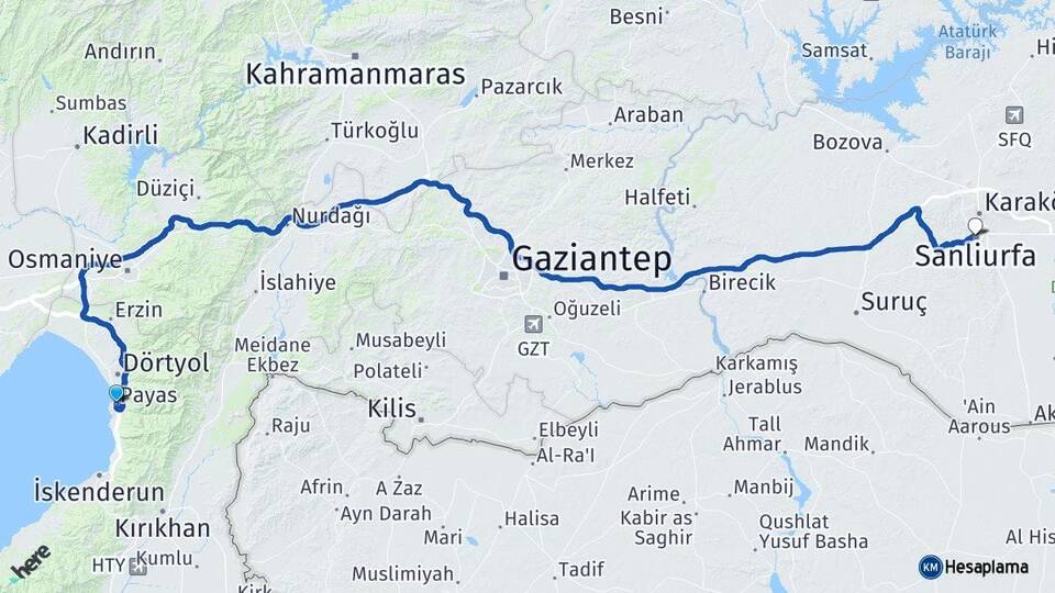 Hatay Payas Şanlıurfa Arası Kaç Km - Yol Haritası