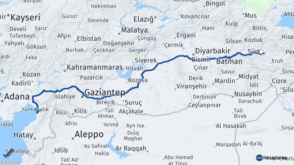 Hatay Payas Siirt Arası Kaç Km - Yol Haritası