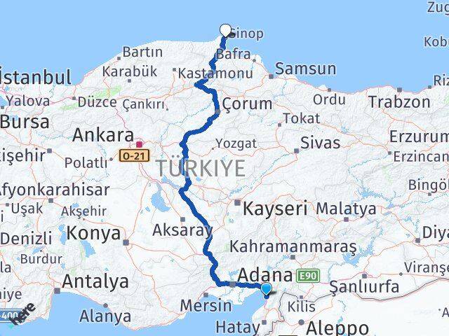 Hatay Payas Sinop Arası Kaç Km - Yol Haritası