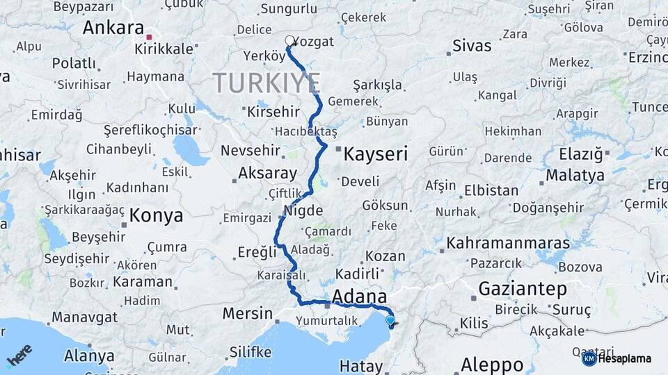 Hatay Payas Yozgat Arası Kaç Km - Yol Haritası