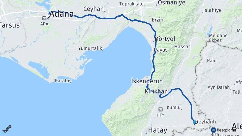 Hatay Reyhanlı Adana Arası Kaç Km - Yol Haritası