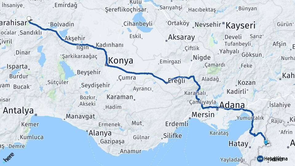 Hatay Reyhanlı Afyonkarahisar Arası Kaç Km - Yol Haritası