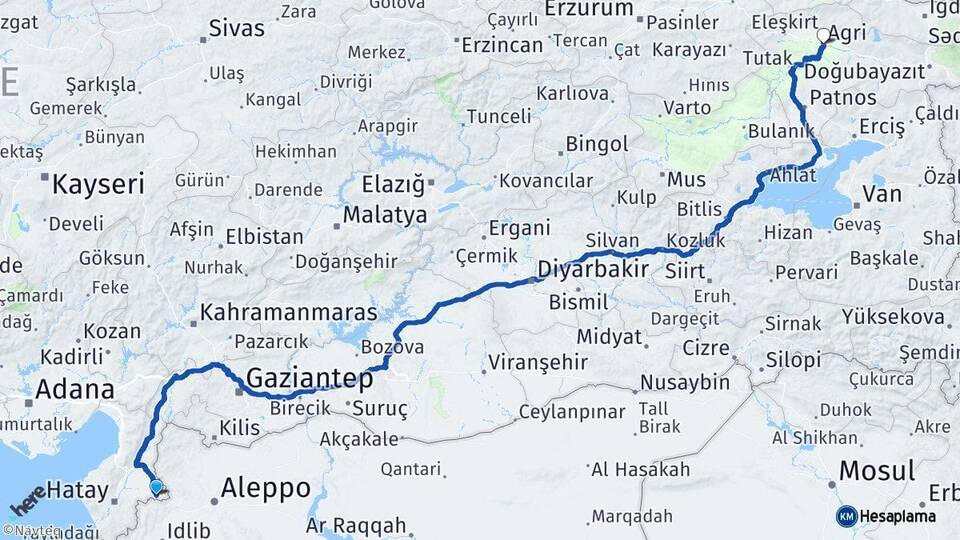 Hatay Reyhanlı Ağrı Arası Kaç Km - Yol Haritası