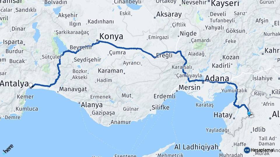 Hatay Reyhanlı Antalya Arası Kaç Km - Yol Haritası