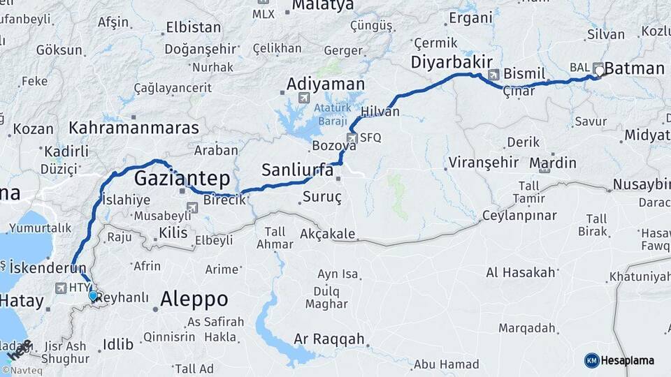 Hatay Reyhanlı Batman Arası Kaç Km - Yol Haritası
