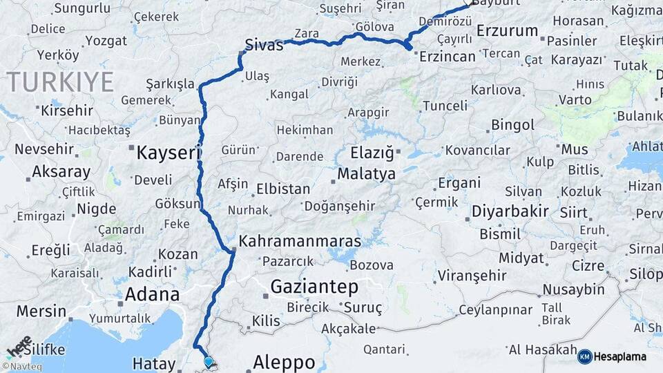 Hatay Reyhanlı Bayburt Arası Kaç Km - Yol Haritası
