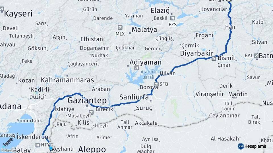 Hatay Reyhanlı Bingöl Arası Kaç Km - Yol Haritası