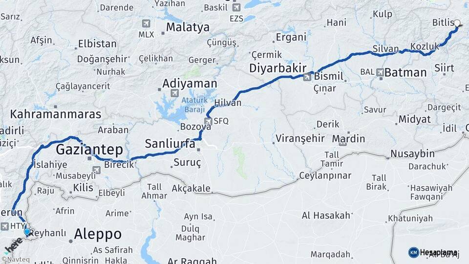 Hatay Reyhanlı Bitlis Arası Kaç Km - Yol Haritası