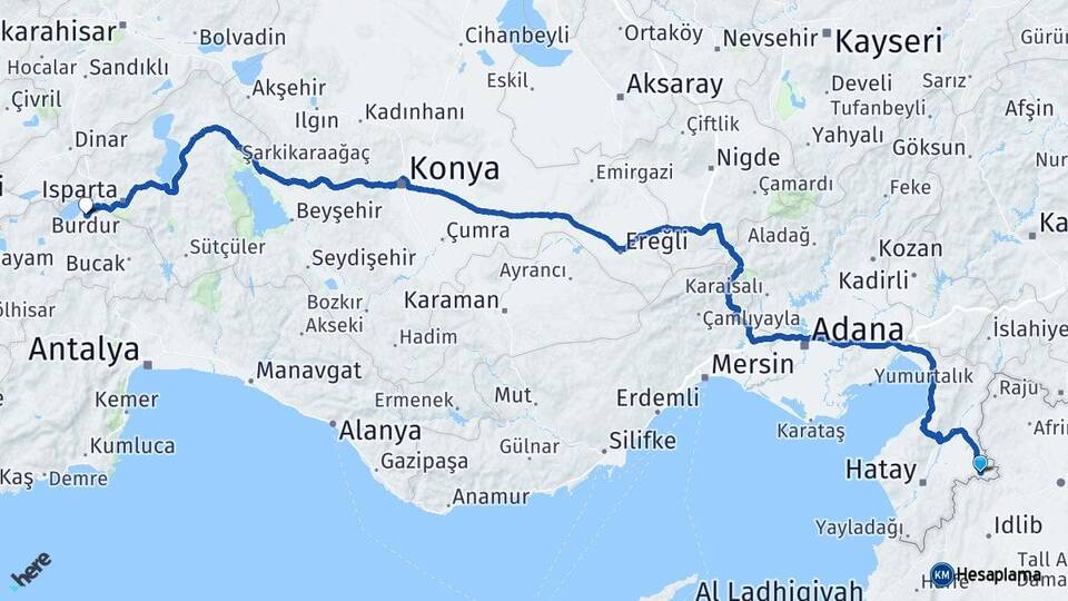 Hatay Reyhanlı Burdur Arası Kaç Km - Yol Haritası