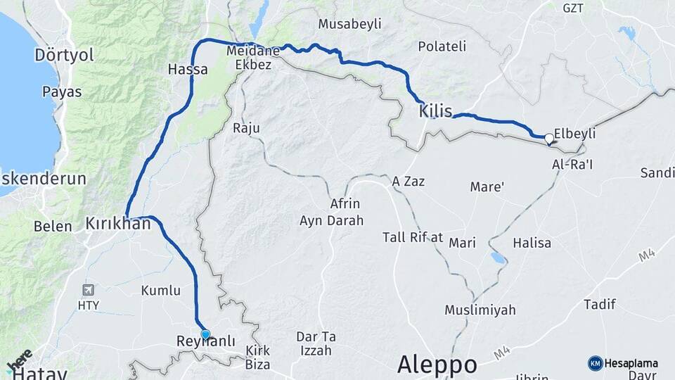 Hatay Reyhanlı Çıldıroba Elbeyli Kilis Arası Kaç Km - Yol Haritası