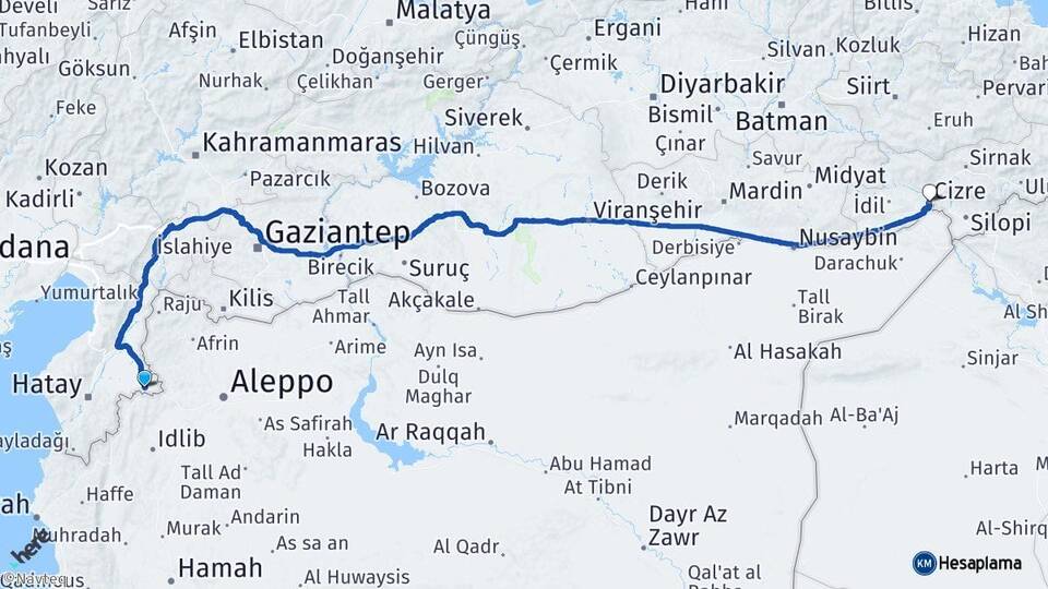Hatay Reyhanlı Cizre Şırnak Arası Kaç Km - Yol Haritası