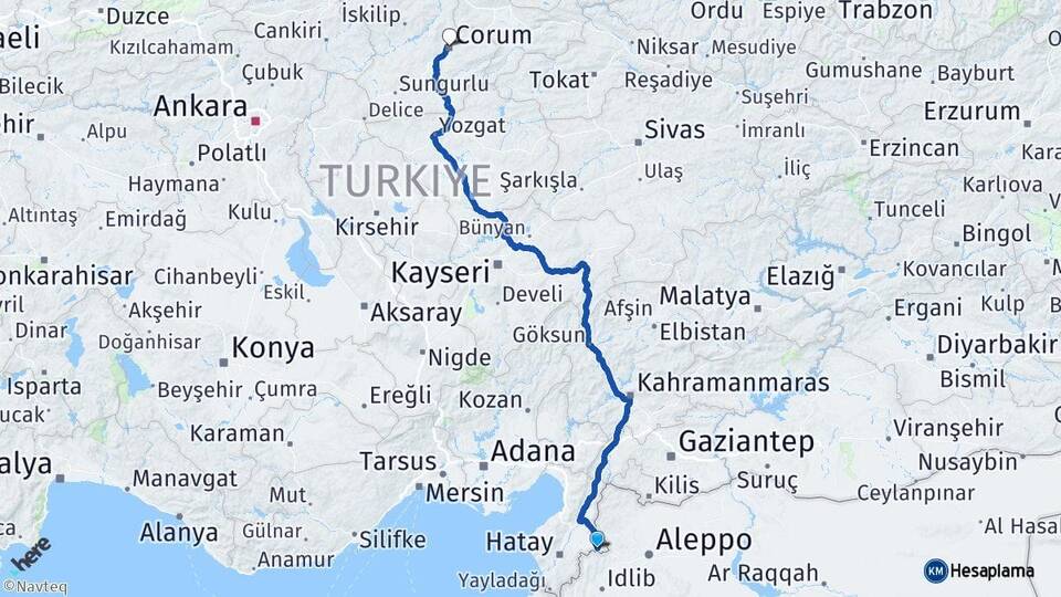 Hatay Reyhanlı Çorum Arası Kaç Km - Yol Haritası
