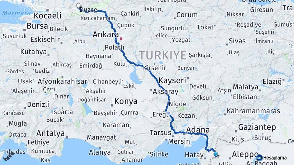 Hatay Reyhanlı Düzce Arası Kaç Km - Yol Haritası