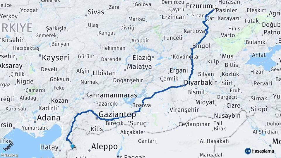 Hatay Reyhanlı Erzurum Arası Kaç Km - Yol Haritası