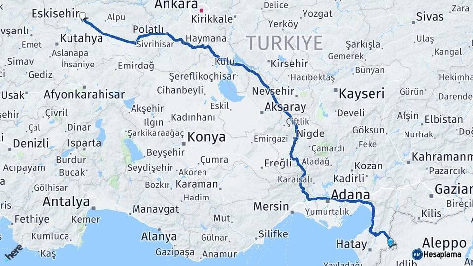 Hatay Reyhanlı Eskişehir Arası Kaç Km - Yol Haritası