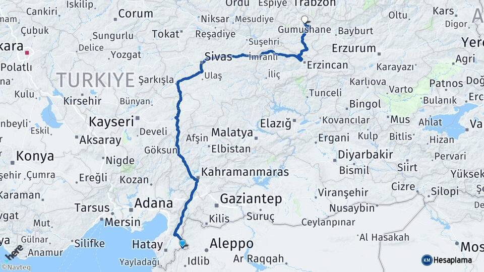 Hatay Reyhanlı Gümüşhane Arası Kaç Km - Yol Haritası