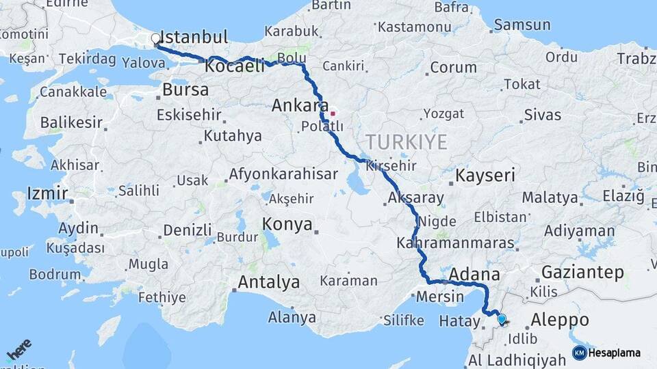 Hatay Reyhanlı İstanbul Arası Kaç Km - Yol Haritası