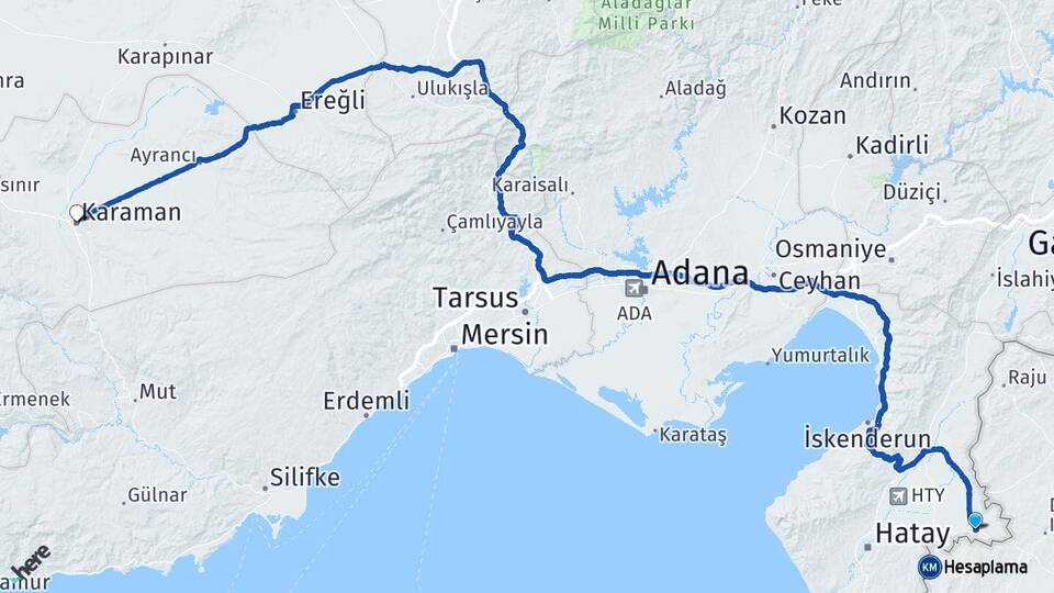 Hatay Reyhanlı Karaman Arası Kaç Km - Yol Haritası