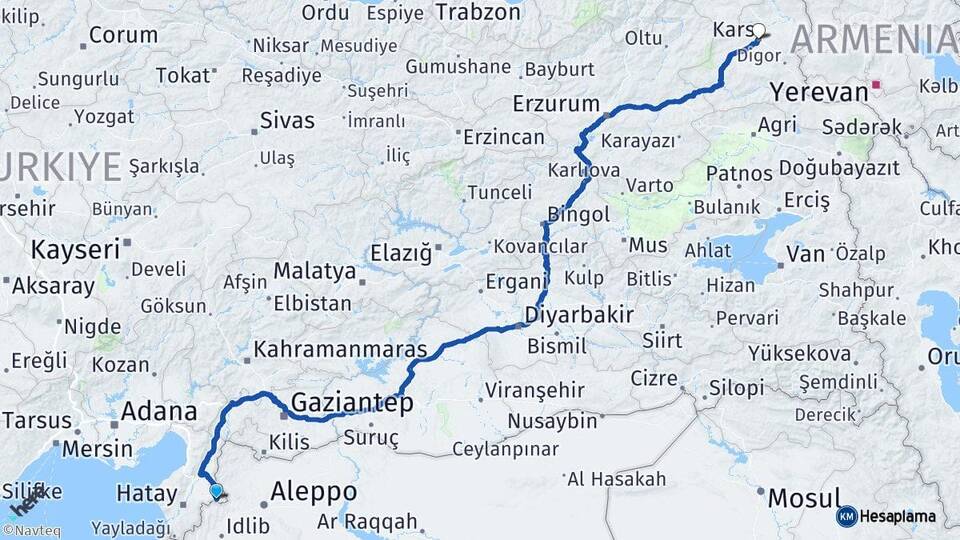Hatay Reyhanlı Kars Arası Kaç Km - Yol Haritası