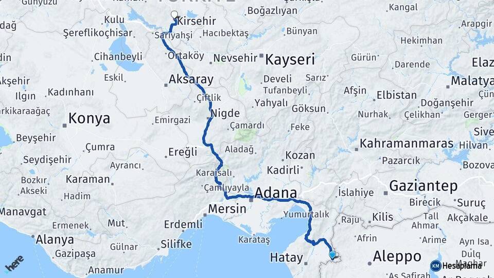 Hatay Reyhanlı Kırşehir Arası Kaç Km - Yol Haritası