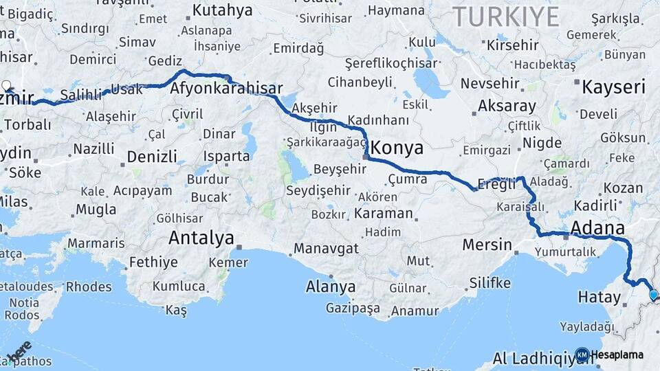 Hatay Reyhanlı Manisa Arası Kaç Km - Yol Haritası