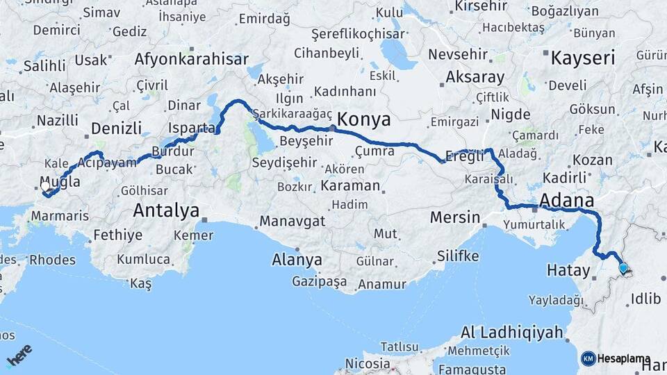 Hatay Reyhanlı Muğla Arası Kaç Km - Yol Haritası