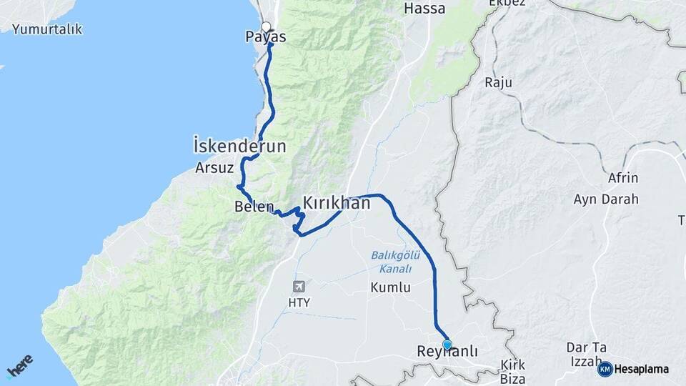 Hatay Reyhanlı Payas Arası Kaç Km - Yol Haritası