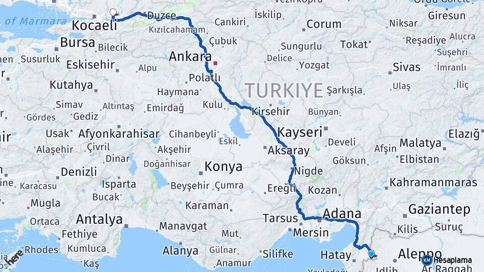 Hatay Reyhanlı Sakarya Arası Kaç Km - Yol Haritası