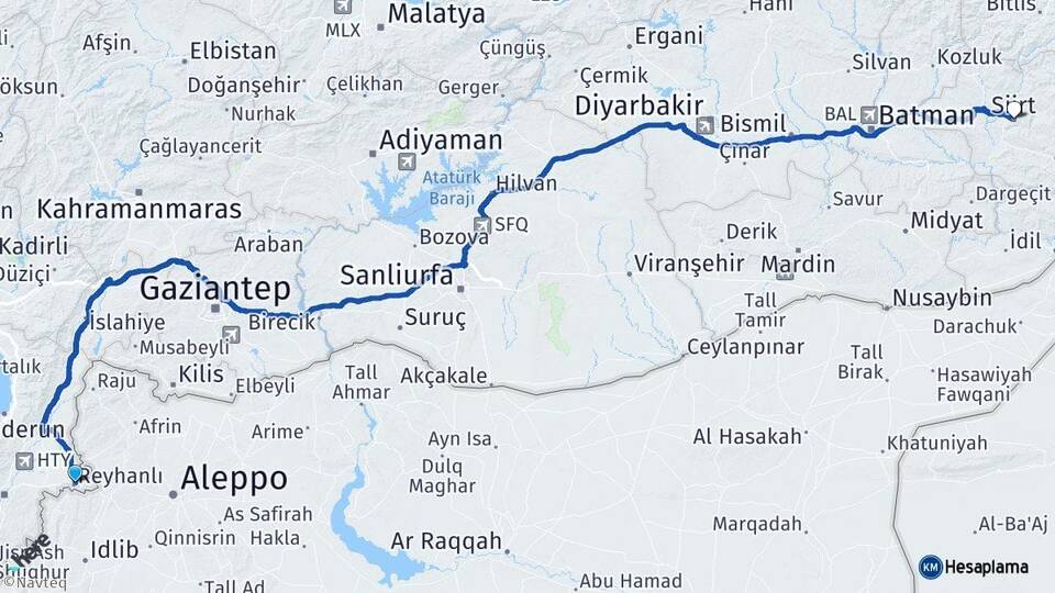Hatay Reyhanlı Siirt Arası Kaç Km - Yol Haritası