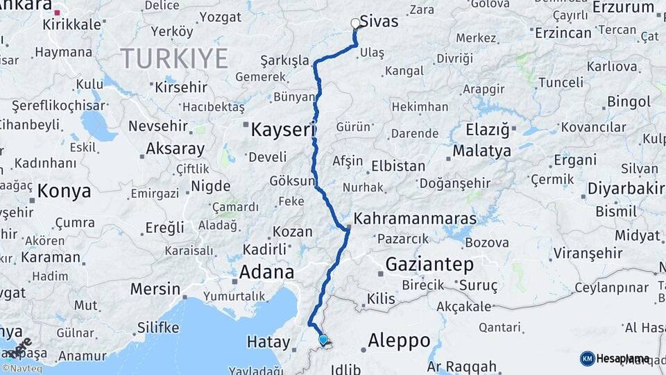 Hatay Reyhanlı Sivas Arası Kaç Km - Yol Haritası