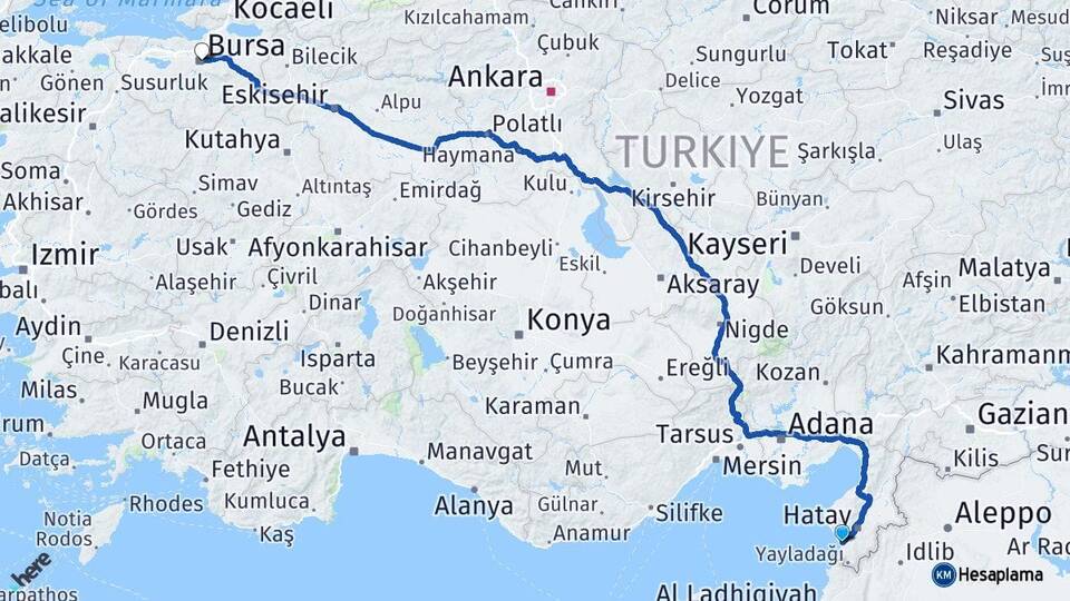 Hatay Samandağ Bursa Arası Kaç Km - Yol Haritası
