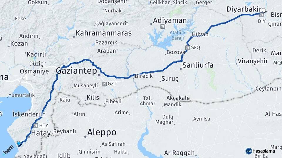 Hatay Samandağ Diyarbakır Arası Kaç Km - Yol Haritası