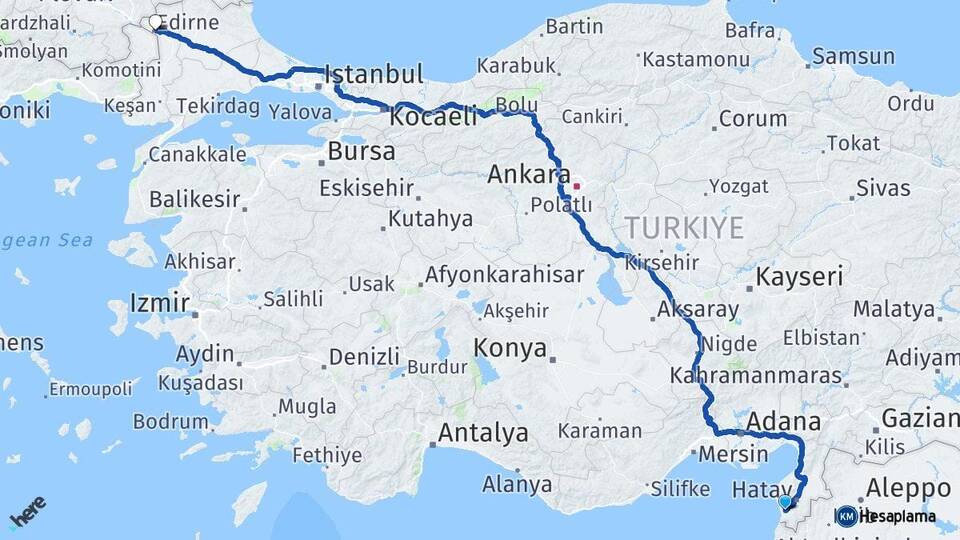 Hatay Samandağ Edirne Arası Kaç Km - Yol Haritası