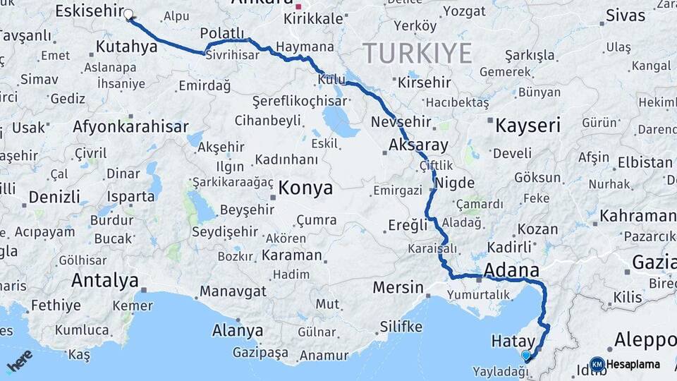 Hatay Samandağ Eskişehir Arası Kaç Km - Yol Haritası